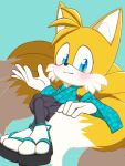  1boy alternate_costume animal_ears animal_nose aqua_background aqua_kimono aqua_sandals black_hakama black_pants blue_eyes blush commentary_request crossed_legs detached_sleeves fox_boy fox_ears fox_tail furry furry_male hakama hakama_pants invisible_chair japanese_clothes kimono kitsune looking_at_viewer male_focus multiple_tails pants roshii_(roshi_loshi_641) sandals simple_background sitting smile solo sonic_(series) tail tails_(sonic) variant_set 
