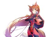  1girl absurdres ahoge animal_ears animal_helmet between_fingers bodysuit brown_eyes brown_hair butterfly_hair_ornament card card_between_fingers closed_mouth commentary_request cowboy_shot diabell_queen_of_the_white_forest fox_ears fox_tail fumi_(2nd_costume)_(nijisanji) fumi_(nijisanji) gloves hair_ornament helmet highres holding holding_card holding_unworn_helmet long_hair looking_at_viewer mecha_pilot_suit nijisanji ponytail simple_background solo tail unworn_headwear unworn_helmet upper_body very_long_hair virtual_youtuber white_background yakitori_remon yu-gi-oh! 