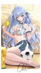  1girl absurdres alternate_costume ball bang_dream! bang_dream!_it's_mygo!!!!! blue_hair blue_shorts border breasts character_name chinese_commentary cleavage cleavage_cutout clothing_cutout commentary_request cropped_shirt cunaja full_body highres indoors large_breasts lionel_messi long_hair looking_at_viewer midriff navel open_mouth pantyhose shirt shorts sitting soccer_ball soccer_uniform solo sportswear togawa_sakiko twintails white_border white_pantyhose yellow_eyes 