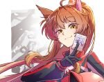  1girl absurdres ahoge animal_ears animal_helmet between_fingers bodysuit brown_eyes brown_hair butterfly_hair_ornament card card_between_fingers closed_mouth commentary_request diabell_queen_of_the_white_forest fox_ears fumi_(2nd_costume)_(nijisanji) fumi_(nijisanji) gloves hair_ornament helmet highres holding holding_card holding_unworn_helmet long_hair looking_at_viewer mecha_pilot_suit nijisanji ponytail solo unworn_headwear unworn_helmet upper_body virtual_youtuber yakitori_remon yu-gi-oh! 