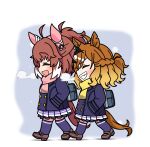  2girls ahoge animal_ears bag blue_coat blush breasts breath brown_hair brown_shoes buttons closed_eyes coat commentary dantsu_flame_(umamusume) double-breasted ear_covers grin hair_between_eyes hair_ornament hairband hairclip hands_in_pockets highres horse_ears horse_girl horse_tail jewelry jungle_pocket_(umamusume) long_sleeves medium_hair multicolored_hair multiple_girls notched_ear open_mouth pink_hairband pink_scarf purple_serafuku purple_skirt purple_thighhighs scarf school_uniform serafuku shoes shoulder_bag skirt smile tail teeth thighhighs tracen_school_uniform tracen_winter_coat umamusume white_hair winter_clothes winter_coat yellow_scarf yurin35699515 