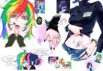  2girls ahoge alternate_costume alternate_skin_color animification black_nails black_sweater blue_hair blunt_bangs bone_hair_ornament bracelet braces breasts chanyue chibi chibi_inset chinese_commentary chinese_text claw_hair_clip clothes_lift commentary_request cutout_eyelashes denim denim_skirt equestria_girls:_friendship_games finger_in_another's_mouth glasses hair_bun hair_ornament hairclip highres holding_hands id_card interlocked_fingers jewelry lifting_another's_clothes long_hair medium_breasts midriff multicolored_hair multiple_girls multiple_views my_little_pony my_little_pony:_equestria_girls my_little_pony:_friendship_is_magic navel navel_piercing open_mouth piercing pink_streaks purple_eyes purple_streaks rainbow_dash rainbow_dash_(equestria_girls) rainbow_hair rainbow_nails red-framed_eyewear red_eyes reference_inset sci-twi scientist short_hair single_hair_bun skirt speech_bubble spiked_bracelet spikes star_(symbol) star_hair_ornament stomach_tattoo streaked_hair sweater sweater_lift tattoo tongue translation_request turtleneck turtleneck_sweater twilight_sparkle yuri 