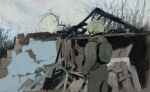  1girl absurdres army building combat_helmet concrete debris destruction from_behind grey_sky helmet highres military military_combat_uniform military_uniform oak_andr original outdoors overgrown rubble ruins russo-ukrainian_war scenery sky soldier solo ukraine war wreckage 