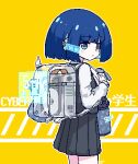  1girl aqua_eyes artist_name backpack bag black_dress black_skirt black_vest blue_eyes blue_hair blunt_bangs blunt_ends blush blush_stickers bob_cut bottle chibikki closed_mouth collared_shirt colored_inner_hair cowboy_shot dot_mouth dress from_behind from_side glowing hair_ornament hairclip highres holding holding_strap hologram holographic_interface holographic_monitor long_sleeves looking_at_viewer looking_back multicolored_hair nanako_(chibikki) oekaki original outline pinafore_dress pixel_art pleated_dress pleated_skirt school_uniform shirt short_hair signature simple_background skirt sleeveless sleeveless_dress solo standing vest water_bottle white_outline white_shirt yellow_background 