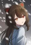  1girl angesukidayo animal_ears brown_hair commentary_request dog_ears eyelashes from_side grey_background grey_hoodie hair_ornament hairclip highres hood hood_down hoodie inui_toko inui_toko_(hoodie) long_hair looking_at_viewer looking_to_the_side motion_blur nijisanji parallel_hairclips parted_lips red_eyes snowing solo star_(symbol) star_hair_ornament turning_head upper_body virtual_youtuber yellow_eyes 