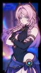  1girl absurdres armlet black_border black_leotard blue_eyes border braid breasts citlali_(genshin_impact) commentary covered_navel cowboy_shot crossed_arms facial_mark floating_headgear forehead_mark frown genshin_impact gold_armlet gold_bangle hair_intakes headgear highres instagram_username jewelry jonazenkai leotard long_hair looking_at_viewer medium_breasts parted_bangs pink_hair pink_pupils purple_sarong ribbed_leotard ring_hair_ornament sarong side_braid solo triangle triangle_facial_mark twin_braids twitter_username vision_(genshin_impact) watermark 