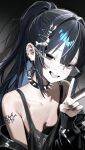  1girl absurdres armpit_crease bare_shoulders black_choker black_eyes black_hair black_jacket black_nails black_shirt blue_hair breasts chiromi choker colored_inner_hair commentary downblouse ear_piercing earrings empty_eyes fang fish_skeleton_hair_ornament glasses gradient_background grin hair_between_eyes hair_ornament hairclip half_updo hand_up highres jacket jewelry long_hair looking_at_viewer mole mole_under_eye multicolored_hair nail_art nail_polish off_shoulder original piercing rimless_eyewear shirt shoulder_tattoo sidelocks skin_fang sleeveless sleeveless_shirt small_breasts smile solo spiked_choker spikes tattoo two-tone_hair v 