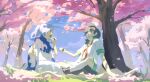  2girls anchor_symbol black_hair blue_eyes blue_hair blue_hood blue_sky branch cherry_blossoms chewing commentary_request day dress eating falling_petals food from_below grass green_sailor_collar hanami hand_on_ground hat highres holding holding_food hood hood_down indian_style kneehighs kumoi_ichirin medium_hair multiple_girls murasa_minamitsu neckerchief nme_0039 nori_(seaweed) onigiri open_mouth outdoors petals pink_petals pointing ponytail red_neckerchief sailor_collar sailor_hat sailor_shirt shirt shoe_soles shoes short_sleeves shorts sitting sky socks teeth touhou tree white_dress white_shirt white_socks wide_shot 