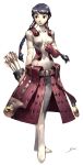  1girl absurdres arrow_(projectile) belt belt_buckle black_eyes black_hair braid braided_twintails breasts buckle closed_mouth fingerless_gloves gloves highres linea_(stella_deus) long_hair medium_breasts official_art quill red_gloves red_shirt red_skirt shirt short_sleeves simple_background single_glove skin_tight skirt soejima_shigenori solo stella_deus:the_gate_of_eternity third-party_source tight_clothes twintails two-tone_shirt white_background white_shirt 