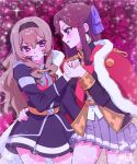  2girls :/ aoiringo arm_around_another's_waist belt belt_buckle black_hairband black_jacket blush bow brown_hair buckle commentary cowboy_shot floral_background flower fur-trimmed_jacket fur_trim grey_skirt hair_between_eyes hair_bow hair_ornament hairband half_updo hand_on_another's_waist hand_up highres holding_hands jacket jacket_on_shoulders long_hair long_sleeves looking_at_another miniskirt multiple_girls parted_bangs parted_lips pink_eyes pleated_skirt profile purple_bow purple_eyes red_flower red_jacket red_rose red_sash rose saijo_claudine sash shirt shoujo_kageki_revue_starlight shoulder_sash sideways_glance single_horizontal_stripe skirt smile sparkle standing striped_clothes striped_shirt tassel tendo_maya v-shaped_eyebrows waist_cape wavy_hair x_hair_ornament yellow_belt yuri 