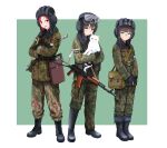  3girls ak-74 aks-74 aks-74u animal assault_rifle bag black_boots boots brown_hair camouflage camouflage_jacket camouflage_pants cat combat_boots commentary_request glasses goggles gun gun_sling helmet heterochromia highres holding holding_animal holding_cat jacket kalashnikov_rifle laitumidane military_combat_uniform military_uniform multiple_girls original pants red_eyes red_hair rifle sharp_teeth shoulder_bag tank_helmet teeth weapon yellow_eyes zhenya_(laitumidane) 