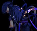  1boy arm_armor artist_name back belt black_background blue_hair blue_shirt blue_shorts chinikuniku closed_mouth commentary_request covered_mouth dated from_behind genshin_impact hair_between_eyes looking_back male_focus pom_pom_(clothes) purple_belt purple_eyes scaramouche_(genshin_impact) scaramouche_(harbinger)_(genshin_impact) scaramouche_(shouki_no_kami)_(genshin_impact) shirt short_sleeves shorts simple_background solo standing tube watermark 