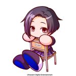  1girl absurdres bag ball_hands black_hair blue_sailor_collar blue_serafuku blue_skirt bob_cut brown_eyes chair chibi chibi_only commentary_request copyright_notice forehead full_body highres jikkyou_powerful_pro_yakyuu jikkyou_powerful_soccer kobayakawa_rinko long_sleeves looking_at_viewer love_plus miniskirt no_mouth no_nose official_art on_chair parted_bangs pleated_skirt rayman_limbs sailor_collar school_chair school_uniform serafuku shoe_soles shoes short_hair simple_background sitting sitting_backwards skirt solo towano_high_school_uniform white_background winter_uniform 