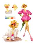  anthro avian bird blonde_hair brown_eyes clothing container cup dress eyebrows eyelashes eyes_closed feathers female footwear furniture hair hi_res holivi looking_at_viewer model_sheet parrot sandals solo table tail_feathers 