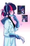 1girl absurdres alternate_skin_color animification black_sweater blue_gloves blue_hair breasts chanyue chinese_commentary claw_hair_clip coat commentary_request equestria_girls:_friendship_games glasses gloves goggles goggles_on_head hair_bun highres holding holding_paper hood hood_down jitome lab_coat looking_at_viewer mask mask_pull medium_breasts mouth_mask multicolored_hair my_little_pony my_little_pony:_equestria_girls my_little_pony:_friendship_is_magic open_clothes open_coat open_mouth paper pink_streaks purple_eyes purple_streaks red-framed_eyewear reference_inset sci-twi scientist screenshot_inset short_hair single_hair_bun solo streaked_hair sweat sweater turtleneck turtleneck_sweater twilight_sparkle upper_body white_coat 