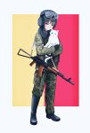  1girl absurdres ak-74 aks-74 animal assault_rifle black_boots boots brown_hair camouflage camouflage_jacket camouflage_pants cat combat_boots goggles gun gun_sling helmet heterochromia highres holding holding_animal holding_cat jacket kalashnikov_rifle laitumidane military_combat_uniform military_uniform original pants red_eyes rifle solo tank_helmet weapon yellow_eyes 