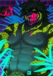  abs anthro blood blood_in_mouth blood_on_hand bodily_fluids felid glowing glowing_eyes glowing_markings hi_res k44l33v44 lifewonders magan male mammal markings muscular muscular_anthro muscular_male navel nipples pantherine pecs solo tattoo tiger tokyo_afterschool_summoners video_games 