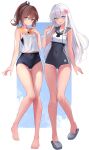  2girls barefoot blue_eyes blue_one-piece_swimsuit brown_eyes commentary_request covered_navel crop_top flower full_body hair_flower hair_ornament hasaki_(alice_ruru) highres i-401_(kancolle) kantai_collection long_hair looking_at_viewer multiple_girls one-piece_swimsuit orange_sailor_collar ponytail ro-500_(kancolle) sailor_collar school_swimsuit short_ponytail side-tie_shirt smile swimsuit swimsuit_under_clothes tachi-e tan 