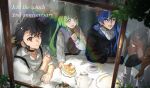  2boys 2girls black_hair blue_hair blush braid breasts cafe chair closed_mouth commentary_request cup dark-skinned_female dark_skin desscaras earrings food freckles gloves gokuraku_(madan_no_ichi) green_eyes green_hair hair_bun highres holding ichi_(madan_no_ichi) indoors jacket jewelry kinky_hair kumugi_(madan_no_ichi) long_hair long_sleeves madan_no_ichi multi-tied_hair multicolored_hair multiple_boys multiple_girls open_mouth ribbon shirt short_hair sitting smile table tomori_(inoutomori) turtleneck twintails very_dark_skin witch yellow_eyes 