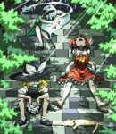  3girls animal ankle_socks apron ascot bare_shoulders black_dress black_hairband black_skirt black_vest blonde_hair bobby_socks bottle bow braid breasts brown_hair cat closed_eyes commentary_request dappled_sunlight day detached_sleeves dress eating food food_in_mouth frilled_apron frilled_bow frilled_hair_tubes frilled_shirt_collar frilled_skirt frills full_body ghost green_skirt green_vest grey_hair hair_bow hair_ribbon hair_tubes hairband hakurei_reimu hat hat_bow hat_ribbon hitodama holding hot inuno_rakugaki kirisame_marisa konpaku_youmu konpaku_youmu_(ghost) light_rays loafers long_hair lying mary_janes medium_hair mouth_hold multiple_girls nature open_mouth outdoors popsicle popsicle_in_mouth puffy_short_sleeves puffy_sleeves ramune red_bow red_shirt red_skirt red_vest ribbon ribbon-trimmed_sleeves ribbon_trim sandals shirt shoes short_hair short_sleeves side_braid sidelocks single_braid single_shoe sitting sitting_on_stairs skirt skirt_set sleeping sleeveless sleeveless_shirt socks stairs stone_stairs sunbeam sunlight touhou tree vest waist_apron white_apron white_bow white_shirt white_socks wide_sleeves witch_hat yellow_ascot 