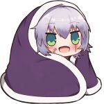  1girl blanket blush chibi comfy commentary english_commentary fate/grand_order fate_(series) green_eyes greypidjun happy jack_the_ripper_(fate/apocrypha) looking_at_viewer open_mouth scar scar_across_eye scar_on_cheek scar_on_face short_hair simple_background solo sticker_(medium) white_hair wrapped_in_blanket 
