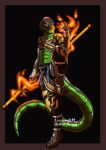  abs anthro arc_rose cel_shading clothed clothing digital_media_(artwork) fire footwear handwear looking_at_viewer magic male melee_weapon monk on_one_leg reptile sandals scalie shaded shoulder_pads snake solo staff standing weapon 