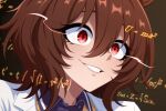  1girl absurdres agnes_tachyon_(tach-nology)_(umamusume) agnes_tachyon_(umamusume) animal_ears brown_hair coat commentary english_commentary equation eye_trail hair_between_eyes highres horse_ears horse_girl lab_coat light_trail open_mouth red_eyes shirt smile solo su1zi sweater sweater_vest umamusume upper_body white_coat yellow_sweater yellow_sweater_vest 