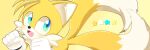 1boy :d animal_ears animal_nose blue_eyes commentary_request fox_boy fox_ears fox_tail furry furry_male gloves happy looking_at_viewer male_focus multiple_tails open_mouth roshii_(roshi_loshi_641) simple_background smile solo sonic_(series) star_(symbol) tail tails_(sonic) white_gloves yellow_background 