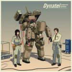  1boy 1girl armor black_hair black_shoes brown_gloves brown_hair collared_shirt glasses gloves jumpsuit mecha necktie original power_armor robot science_fiction shirt shoes toolbox w_a_v_e white_shirt 