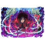 1boy armor black_gloves black_hair black_pants black_shirt breastplate gloves japanese_armor kusazuri long_hair looking_at_viewer mangekyou_sharingan naruto_(series) naruto_shippuuden:_ultimate_ninja_blazing official_art own_hands_together pants red_armor red_eyes sandals sharingan shirt shoulder_armor sode solo statue uchiha_madara 