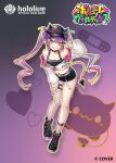  1girl :d bandaid bandaid_on_leg baseball_cap belt bibi_(tokoyami_towa) black_choker black_hat black_shoes black_shorts black_tank_top breasts center-flap_bangs choker colored_inner_hair commentary_request crop_top cropped_jacket demon_girl demon_tail double-parted_bangs ear_piercing earclip fishnet_kneehighs fishnet_thighhighs fishnets full_body gari_(apollonica) green_eyes grin hair_between_eyes hair_ornament hairclip hat hololive hololive_official_card_game horned_hat jacket kneehighs leaning_forward long_hair long_sleeves looking_at_viewer medium_breasts midriff multicolored_hair navel navel_piercing o-ring o-ring_choker official_art parallel_hairclips piercing pink_hair pink_streaks pointy_ears purple_hair shoes short_shorts shorts single_kneehigh single_sock single_thighhigh smile sneakers socks solo spiked_ear_piercing streaked_hair tail tail_ornament tail_piercing tank_top thigh_strap thighhighs tokoyami_towa tokoyami_towa_(1st_costume) twintails very_long_hair virtual_youtuber white_belt white_jacket 