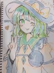  1girl :p ;p black_hat bow collared_shirt commentary_request dated disembodied_linked_eye frilled_shirt_collar frills green_eyes green_hair hat hat_bow hat_ribbon heart highres komeiji_koishi long_sleeves looking_at_viewer medium_hair one_eye_closed ribbon shirt solo tamagogayu1998 tongue tongue_out touhou upper_body v yellow_bow yellow_ribbon yellow_shirt 