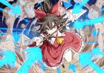  1girl ascot bare_shoulders battle bow brown_hair closed_mouth commentary_request danmaku detached_sleeves dress dust dust_cloud emphasis_lines flying frilled_bow frilled_dress frilled_hair_tubes frilled_shirt_collar frilled_skirt frills gohei hair_between_eyes hair_bow hair_tubes hakurei_reimu holding holding_gohei inuno_rakugaki long_sleeves looking_at_viewer medium_hair motion_lines mouth_hold nontraditional_miko red_bow red_dress red_eyes red_skirt ribbon ribbon-trimmed_sleeves ribbon_trim shide shoes sidelocks skirt sleeveless socks solo speed_lines touhou v-shaped_eyebrows white_sleeves white_socks wide_sleeves yellow_ascot 