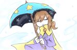 1girl a_hat_in_time blue_umbrella brown_hair cape child closed_eyes closed_mouth commentary dress english_commentary facing_viewer hair_tie hat_kid holding holding_umbrella long_hair long_sleeves missing_headwear ponytail purple_dress sidelocks smile softum solo star_(symbol) umbrella white_background yellow_cape zipper_pull_tab 
