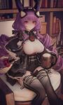  1girl absurdres arknights arknights:_endfield binggong_asylum black_gloves black_overskirt book bookshelf breasts chinese_commentary commentary_request cup curved_horns detached_sleeves framed_breasts gloves highres holding holding_cup horns indoors large_breasts long_hair looking_at_viewer mole mole_on_thigh mug multicolored_thighhighs overskirt pink_eyes purple_hair purple_horns shaded_face sitting solo suggestive_fluid tankard thighhighs typhoeus_(arknights) typhon_(arknights) wooden_cup 