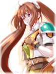  1girl ahoge armor artist_name belt brown_belt brown_gloves brown_hair closed_mouth commentary_request cropped_jacket double-parted_bangs drop_shadow eiyuu_densetsu estelle_bright fingerless_gloves floating_hair gloves green_shirt hair_between_eyes hair_intakes high_collar jacket leather leather_belt leather_gloves long_hair open_clothes open_jacket pauldrons red_eyes shirt short_sleeves shoulder_armor signature simple_background single_pauldron solo sora_no_kiseki sora_no_kiseki_sc twintails underbust upper_body very_long_hair white_background xiacheng_tatsuya 