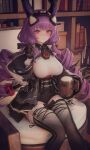  1girl absurdres arknights arknights:_endfield binggong_asylum black_gloves black_overskirt blush book bookshelf breasts chinese_commentary commentary_request cup curved_horns detached_sleeves framed_breasts gloves highres holding holding_cup horns indoors large_breasts long_hair looking_at_viewer mole mole_on_thigh mug multicolored_thighhighs overskirt parted_lips pink_eyes purple_hair purple_horns sitting solo suggestive_fluid tankard thighhighs typhoeus_(arknights) typhon_(arknights) wooden_cup 