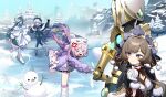  4girls alternate_costume anger_vein angry black_capelet black_gloves blue_eyes blue_hair blue_pantyhose brown_hair capelet citlali_(genshin_impact) closed_mouth commentary dress english_commentary facial_mark fagio_(genshin_impact) furina_(genshin_impact) genshin_impact gloves green_hair hen-tie highres hoyofair ice_skates ice_skating leg_warmers long_hair looking_at_another multiple_girls open_mouth outdoors pantyhose pink_hair sandrone_(genshin_impact) short_hair_with_long_locks skates skating smile snowball snowball_fight triangle triangle_facial_mark vodyanitsa_(genshin_impact) white_dress white_gloves white_hair white_leg_warmers white_pantyhose 