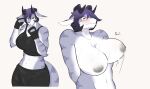  2021 absurd_res anthro athletic athletic_anthro athletic_female big_breasts blush bodily_fluids breasts canid canine clothing female fingerless_gloves fur gloves grey_body grey_fur grey_nipples hair handwear hi_res horn huge_breasts kakhao mammal nipples purple_hair simple_background solo sweat white_background white_body white_fur 
