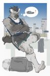  1boy ? absurdres arknights bag ball bara biceps black_hair chinese_commentary commentary_request crossed_arms dmsjji12 duffel_bag full_body furry furry_male grey_fur highres hyena_boy hyena_ears hyena_tail infection_monitor_(arknights) looking_at_viewer male_focus multicolored_hair muscular muscular_male sitting soccer_ball socks solo speech_bubble spoken_object spoken_question_mark spot_(arknights) spotted_fur streaked_hair tail thought_bubble 