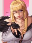  1girl ;) alternate_costume blonde_hair blowing_kiss blue_eyes breasts broad_shoulders dress fingerless_gloves fur_trim gloves heart highres lili_(tekken) lips long_hair official_alternate_costume one_eye_closed rkgk_kishiyo smile solo tekken tekken_8 white_dress 