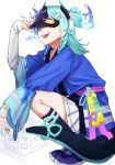  1girl absurdres achichi_mela alternate_eye_color aqua_hair aqua_horns aqua_nails aqua_tail black_horns black_socks black_streaks black_tail blue_camisole blue_eyes blue_fire blue_hair blue_happi blue_horns blue_nails blue_shoes braid braided_sidelocks breath_weapon breathing_fire camisole commentary_request double-parted_bangs double_horizontal_stripe dragon_horns earrings eye_mask fingernails fire fire_hair_ornament flame_print from_side full_body gradient_horns hair_ornament hairclip hand_on_mask happi highres hololive horns hyoushigi japanese_clothes jewelry karakr_shin kneehighs layered_sleeves legs_folded legs_together lizard_tail long_fingernails long_hair long_sleeves looking_at_another looking_at_viewer mask mask_lift matoi miniskirt multicolored_hair multicolored_horns multicolored_nails nail_polish open_mouth pink_sash pleated_skirt pointy_ears print_happi reptile_girl ribbon sash sharp_fingernails sharp_teeth shoes sidelocks simple_background single_hair_streak skirt sleeves_past_wrists sneakers socks solo spaghetti_strap split-color_hair squatting streaked_hair tail tail_ornament tail_ribbon tail_rope tassel tassel_hair_ornament teeth twin_braids two-tone_hair two-tone_horns two-tone_tail two_side_up upper_teeth_only virtual_youtuber waist_sash watermark white_background white_skirt 
