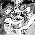  3others androgynous arde_(len'en) bare_arms bare_shoulders benny_(len'en) body_horror cine_hamal clenched_teeth commentary_request enriolhc grin heads_together highres jacket kuzu_suzumi len'en multiple_others multiple_persona open_clothes open_jacket other_focus scarf shirt short_hair sleeveless sleeveless_jacket sleeveless_shirt smile tears teeth turban upper_body 
