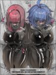  2girls absurdres artist_collaboration ball_gag bdsm black_bodysuit blue_hair bodysuit bondage bound bound_together breasts commentary english_commentary english_text gag gagged highres kajoki large_breasts latex latex_bodysuit medium_hair multiple_girls nipple_stimulation original red_hair sex_toy short_hair sound_effects stealth_bondage story_in_commentary sunglasses vibrator vibrator_on_nipple x-ray 