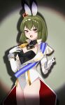  1girl :d absurdres adapted_costume animal_ears breasts commentary_request cowboy_shot crown gloves green_hair highres idolmaster idolmaster_million_live! idolmaster_million_live!_theater_days jacket kamen_per leotard long_sleeves looking_at_viewer medium_breasts medium_hair mini_crown nagayoshi_subaru nontraditional_playboy_bunny open_mouth pink_eyes rabbit_ears raised_inner_eyebrows smile solo standing white_gloves white_jacket 