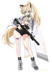  1girl absurdres animal_ears assault_rifle bikini black_bikini black_shorts blonde_hair blue_eyes boots cat_ears cat_girl colt_commando commentary commission full_body gun hair_ornament highres holding holding_gun holding_weapon long_hair long_sleeves looking_at_viewer making-of_available myaooo original pixiv_commission ponytail puffy_long_sleeves puffy_sleeves rifle scope see-through_clothes see-through_shrug shorts shrug_(clothing) simple_background single_thighhigh skindentation solo suppressor swimsuit thighhighs thighs twitter_username very_long_hair weapon white_boots 