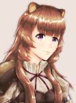  1girl absurdres alternate_breast_size_(smaller) animal_ear_fluff animal_ears armor artist_name black_dress blunt_bangs breastplate breasts brown_hair closed_mouth collared_dress commentary double-parted_bangs dress high_collar highres hiraihiro088 layered_dress light_blush light_smile long_hair long_sidelocks looking_at_viewer medium_breasts metal_arm_cuffs neck_ribbon pauldrons pink_background pink_eyes pinstripe_dress pinstripe_pattern raccoon_ears raccoon_girl raphtalia red_ribbon ribbon shoulder_armor sidelocks simple_background single_pauldron solo straight_hair tanuki tate_no_yuusha_no_nariagari twitter_username upper_body watermark white_dress yellow_trim 
