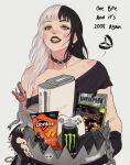  1girl action_figure bear_trap bionicle black_gloves black_hair black_lips black_nails black_shirt blush can chain collarbone controller doritos ear_piercing earrings english_commentary english_text fingerless_gloves game_console game_controller general_grievous gloves halo_(series) highres jewelry jurassic_park_iii linkin_park looking_at_viewer looking_down master_chief monster_energy multicolored_hair open_clothes original piercing shadow_the_hedgehog shadow_the_hedgehog_(game) shirt short_sleeves solo sonic_(series) spinosaurus star_wars sticker tongue tongue_out tongue_piercing toy_dinosaur two-tone_hair white_background white_hair xbox_360 xbox_controller yellow_eyes yoracrab 