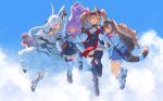  4girls :d absurdres ahoge angelina_(arknights) angelina_the_mellow_wish_(arknights) animal_ear_fluff animal_ears arknights arm_up black_collar black_gloves black_hairband black_shoes black_thighhighs brown_hair chinese_commentary cloud collar commentary_request day detached_sleeves dress earpiece floating_hair fox_ears fox_girl full_body gloves hair_between_eyes hairband highres holding_hands jacinta_(arknights) jinggedreaming jumping long_hair long_sleeves multicolored_hairband multiple_girls open_mouth orange_gloves pink_hair rabbit_ears rabbit_girl raccoon_ears raccoon_girl shoes sky smile tail thighhighs thumpy_(arknights) timeslot_(arknights) twintails two-tone_hairband white_dress white_thighhighs 
