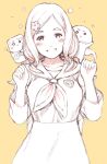  1girl 2others breasts cape club_(shape) commentary_request diamond_(shape) dress graphite_(medium) hair_ornament hairclip hatching_(texture) heart highres indie_virtual_youtuber large_breasts linear_hatching mixed_media monochrome multiple_others neckerchief o_o shinonome_megu smile traditional_media triangle_mouth virtual_youtuber waving yug_(ekaki) 